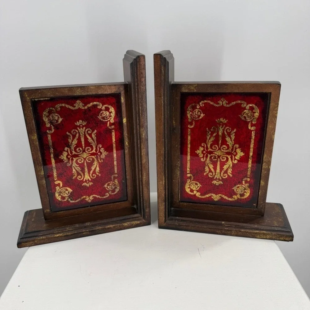 Kirklands Red Gold Bookends Set Ornate Baroque Wood Decorative‎ Shelf Pair